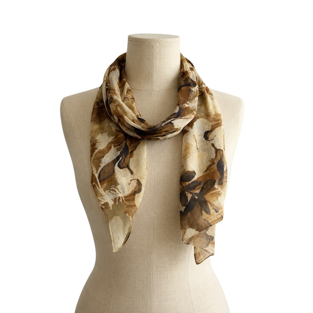 Womens Brown Beige Floral Oblong Scarf Lightweight Sheer 58x12 Boho‎